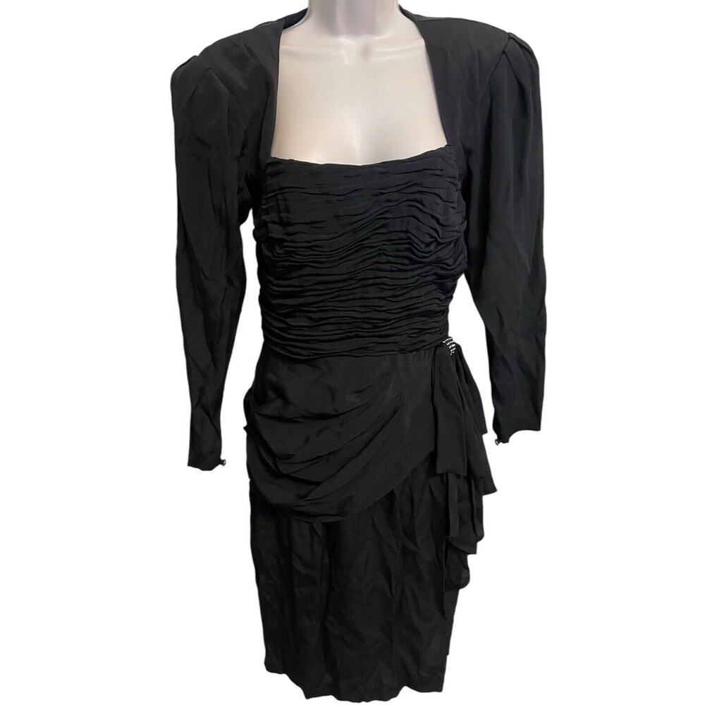 Vtg Miss Ashlee California Black 80's Dress Size 6 Ruched Bow Rhinestones a26
